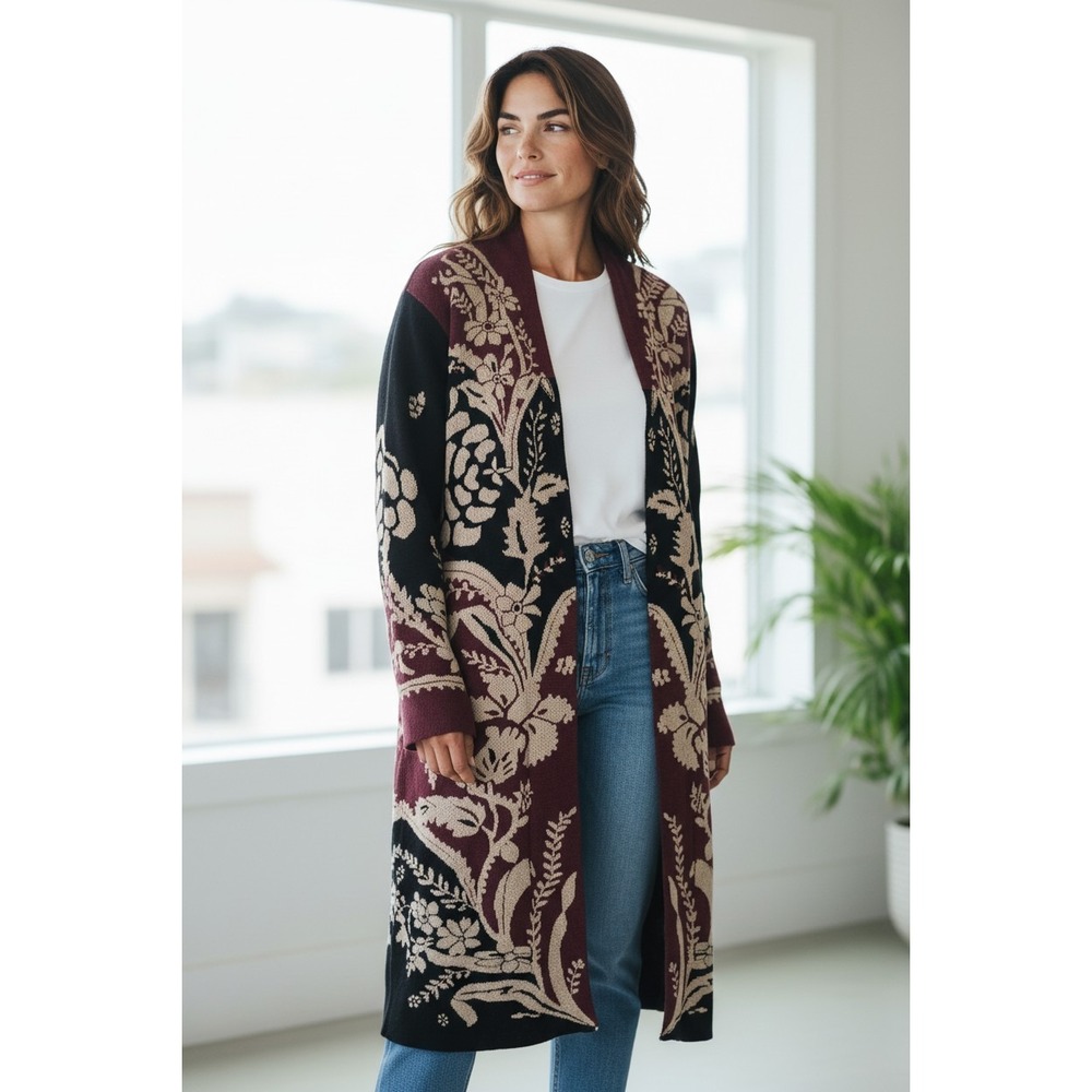 NWT‎ Women Long Floral Duster  Cardigan Sweater Cottagecore SZ M Retail $155